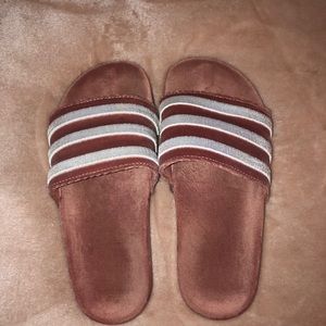 Blush pink velvet adidas slides